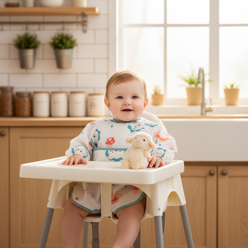Bavoir imperméable bébé assis dans sa chaise haute avec son mouton en peluche près du comptoir avec des plantes