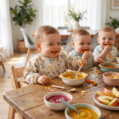 Bavoir à manche longue avec des ananas bébé assis à la table de cuisine avec ses amis entrain de manger leurs puré