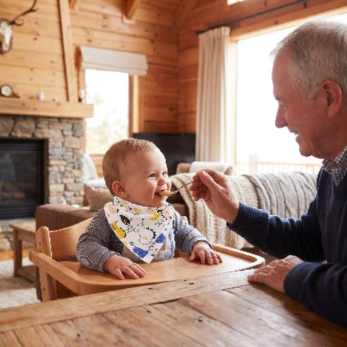 bavoir bandana au cou de bébé qui est assis dans sa chaise haute et grand papa lui donne à manger au chalet