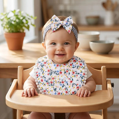 Bavoir bandana bébé bambou double épaisseur fleurs rouges