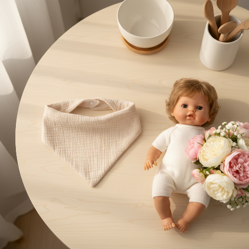 Bavoir bandana bébé beige sur la table de cuisine avec poupée et fleurs
