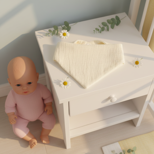 Bavoir bandana bébé blanc sur la table de chevet de bébé 