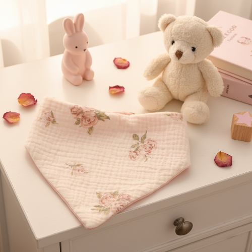 Bavoir bandana bébé fleurysur la table de chevet de bébé avec ourson 