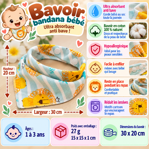 Bavoir bandana bébé lion infographie