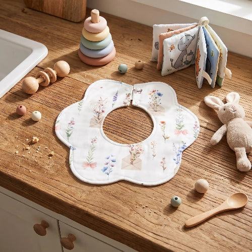 Bavoir bandana breanche colorer sur le comptoir de cuisine en bois avec jouets