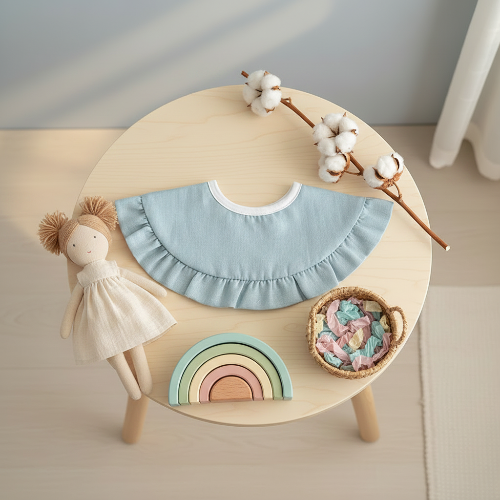 Bavoir bandana ultra absorbant bleu dentelé sur la table de chevet de bébé