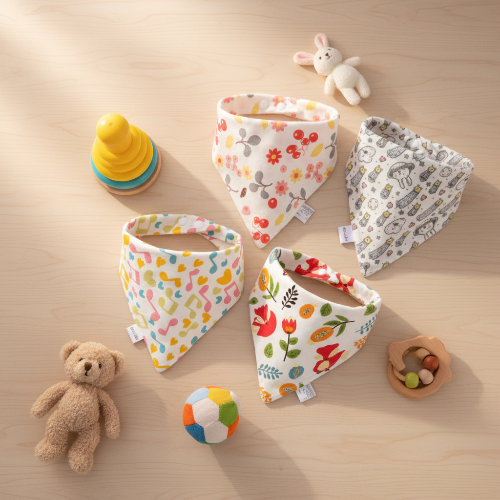 Bavoir bébé bandana couleurs variés fleury sur la table de cuisine