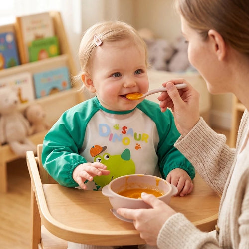 Bavoir bébé grnade manche vert dans le cou de bébé qui mange sa purés