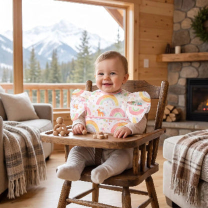 Bavoir bébé imperméable avec poche rose  avec bébé assis dans sa chaise haute au salon 