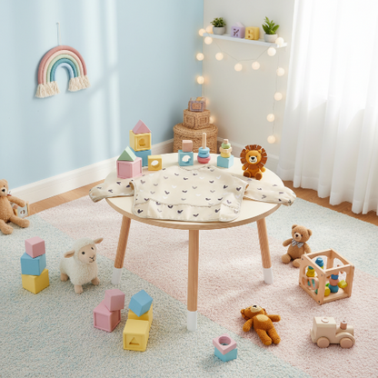 Bavoir bébé imperméable coeur sur la table de la salle de jeux