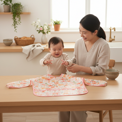 Bavoir bébé imperméable imprimé de fleurs roses sur la table de la salle à manger avec bébé et maman