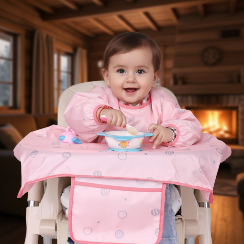 Bavoir bébé imperméable assis dans sa chaise haute entrain de manger dans la salle à diner au chalet