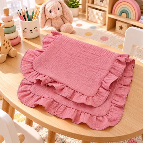 Bavoir d'épaule douceur rose sur la table de salle de jeu de bébé