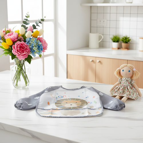 Bavoir imperméable avec un lion imprimé  sur le comptoir avec bouquet et poupée de chiffon
