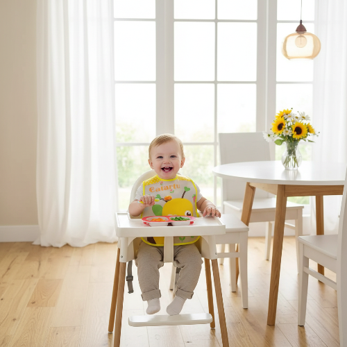 Bavoir imperméable imprimé abeille jaune bébé assis dans sa chaise haute