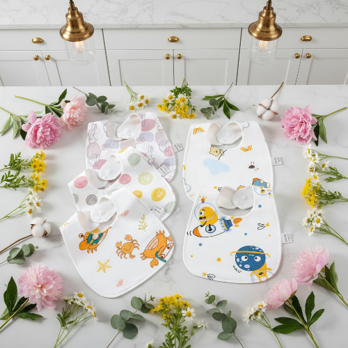 Bavoir imperméable bébé imprimé crabes sur le comptoir de cuisine