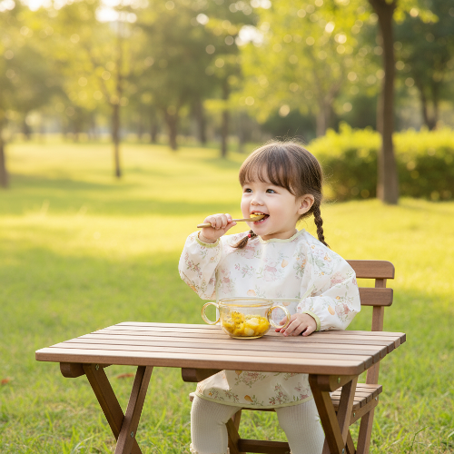 Bavoir imperméable bébé motif de fleurs et poires bébé assis dans sa chaise haute au parc