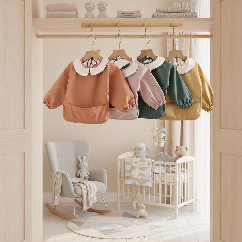 Bavoir imperméable bébé quatre couleurs différentes dans la porte d'entrée de la chambre à coucher de bébé