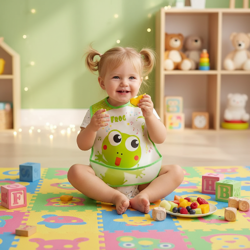 Bavoir imperméabl imprimé grenouille vert au cou de bébé assis sur un tapis dans sa salle de jeux