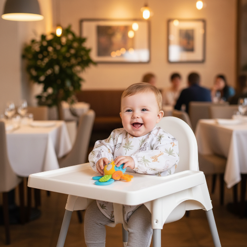Bavoir imperméable avec palmier bébé assis dans sa chaise haute au restaurant