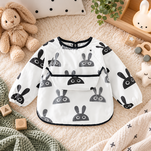 Bavoir lapin noir avec poche de récupération imprimé lapin sur le bavoir  sur  lit de bébé
