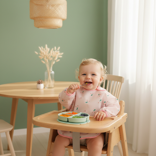 Bavoir manche longue imperméable imprimé de lapin rose dans le cou de bébé assis dans sa chaise haute dans la salle a diner
