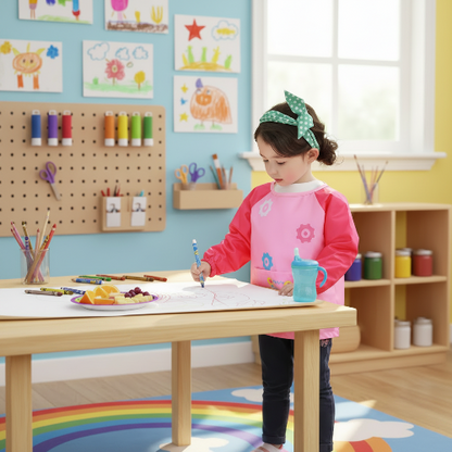 Bavoiir manche longue imperméable rose et rose foncé petite fille en train de bricolé et manger