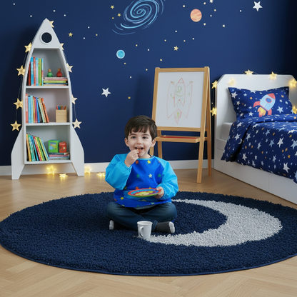 Bavoir manche longue imperméable bleu imprimé d'étoiles assis sur son tapis dans sa chambre en train de manger