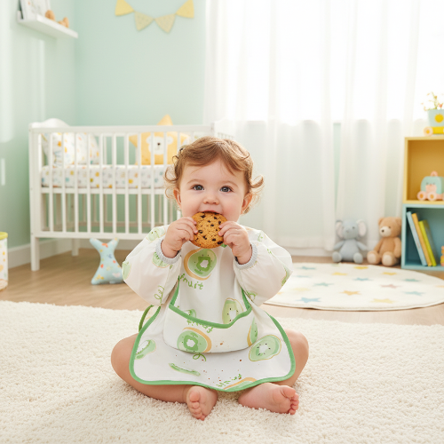 Bavoir manche longue bébé mange un biscuit dans sa chambre assis sur une couverture