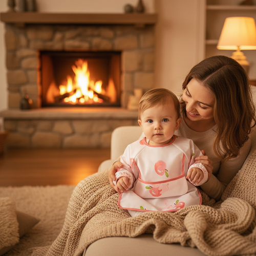 Bavoir mache longue motif pêches assis sur le sofa avec maman près du foyer