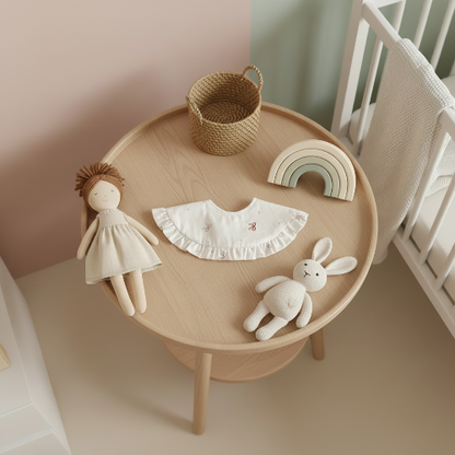 Bavoir nouveau né dentelé imprimé de boucles rouges sur la table de chevet dans la chambre de bébé