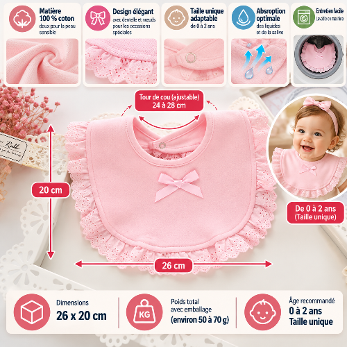 Bavoir rose en dentelle dimensions
