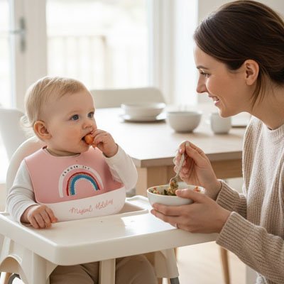 Bavoir silicone rose avec maman