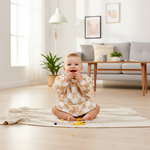 Bavoir bébé imperméable à carreaux blanc et brun bébé assis sur une couverture dans le salon