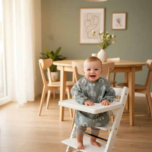 Bavoirbébé imperméable debout dans sa chaise haute dans la cuisine 