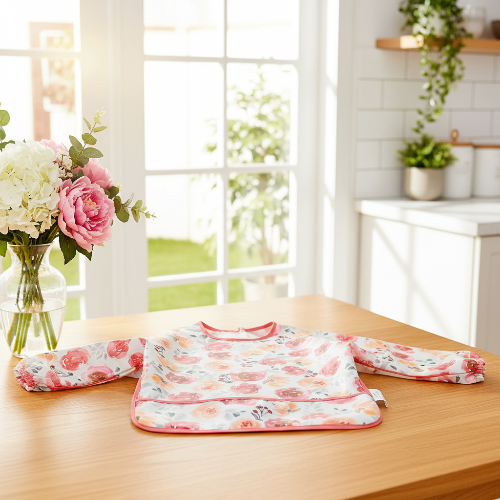 Bavoir bébé imperméable avec rose rouge sur le comptoir de cuisine avec bouquet de fleurs