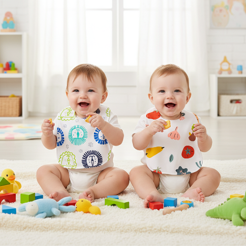 Bavoirs impeméables les jumeaux assis dans leurs salle a jeux entrain de manger une collation entourer de jouets