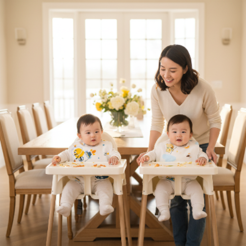 Bavoirs imperméables assis dans leurs chaise haute entrain de manger leur diner avec maman dans la salle a diner