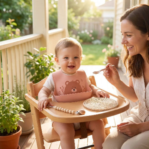 Bavoirs imperméables bébé silicone  ourson poche avec maman