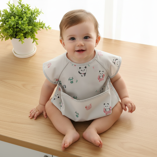 Bavoir imperméables imprimé panda bébé assis sur le comptoir
