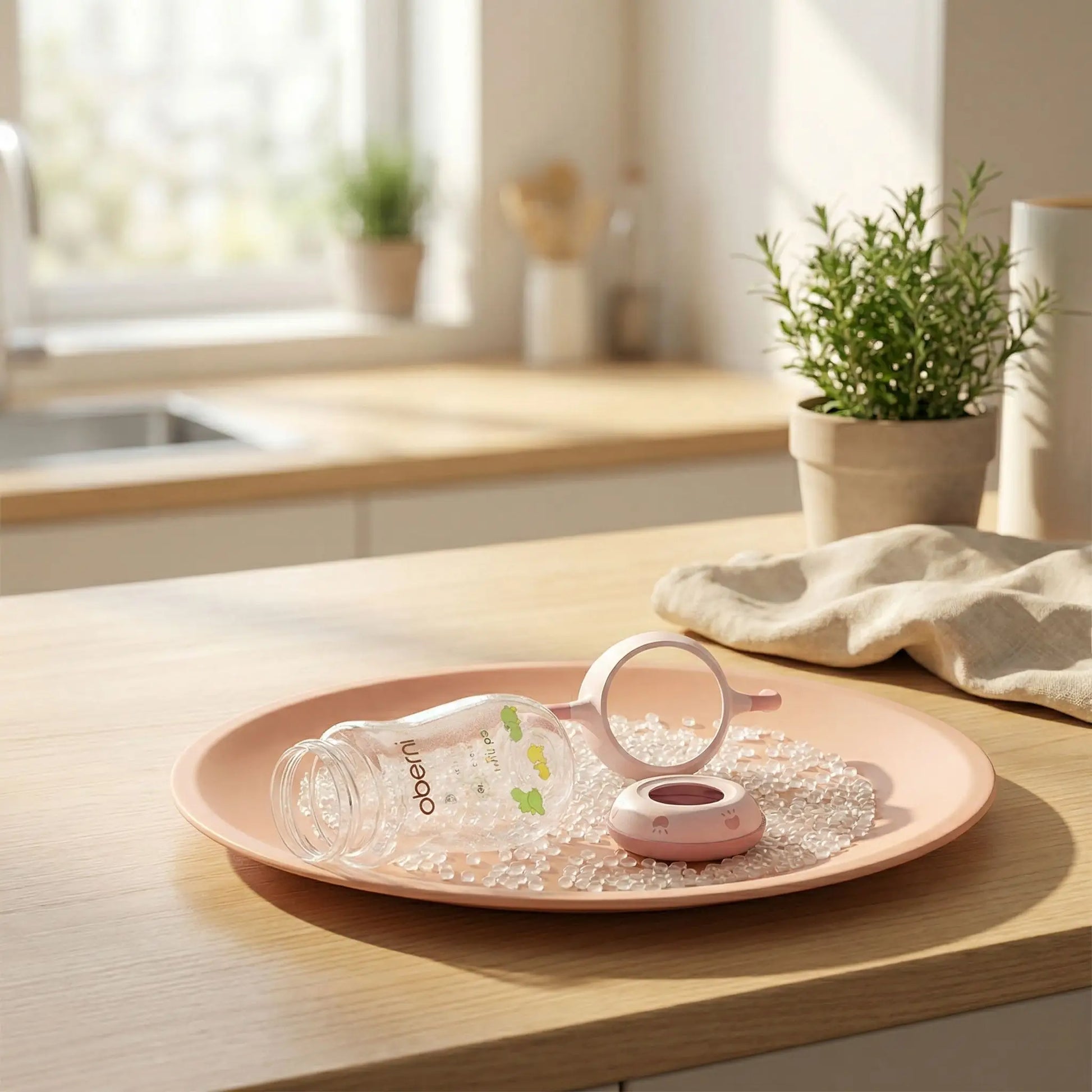 Biberon anti colique breveté rose dans assiette