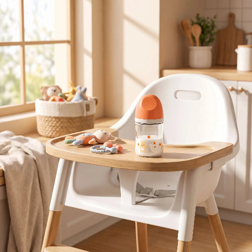 Biberon en verre anti coliques naturel petit biberon orange sur la chaise haute de bébé