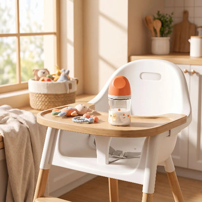 Biberon en verre anti coliques naturel petit biberon orange sur la chaise haute de bébé