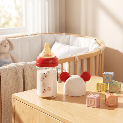 Biberon en verre anti étouffement rouge sur la table de chevet de bébé