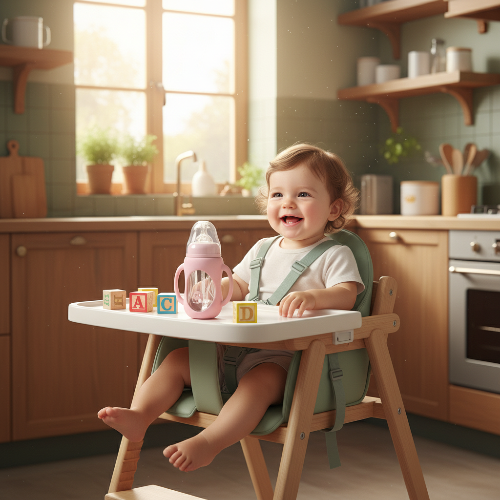 Biberon en verre sur la chaise haut avec bébé cube alphabets coloré dans la cuisine