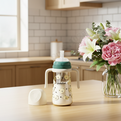 Biberon evolutif anti fuite vert avec oursons sur le comptoir de cuisine avec bouquet de fleurs