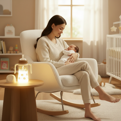 Biberon évolutif brun anti fuite brun dans la chambre de bébé  avec maman qui berçe bébé