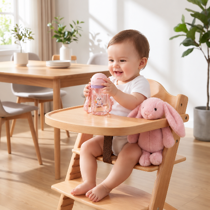 Biberon évolutif avec sangle rose sur la chaise haute avec bébé imprimé lapin