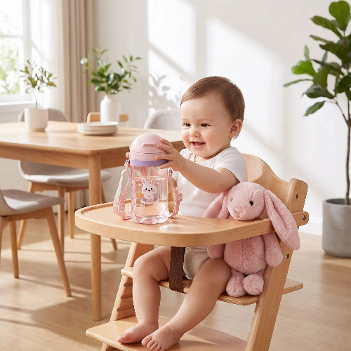 Biberon évolutif avec sangle rose sur la chaise haute avec bébé imprimé lapin