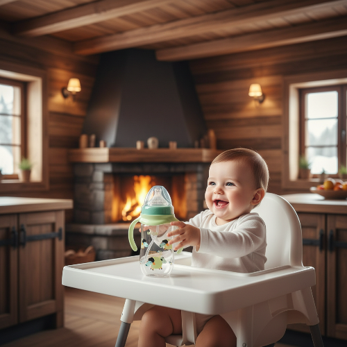 biberon vert sur la tablette de la chaise haute dans la cuisine au chalet
